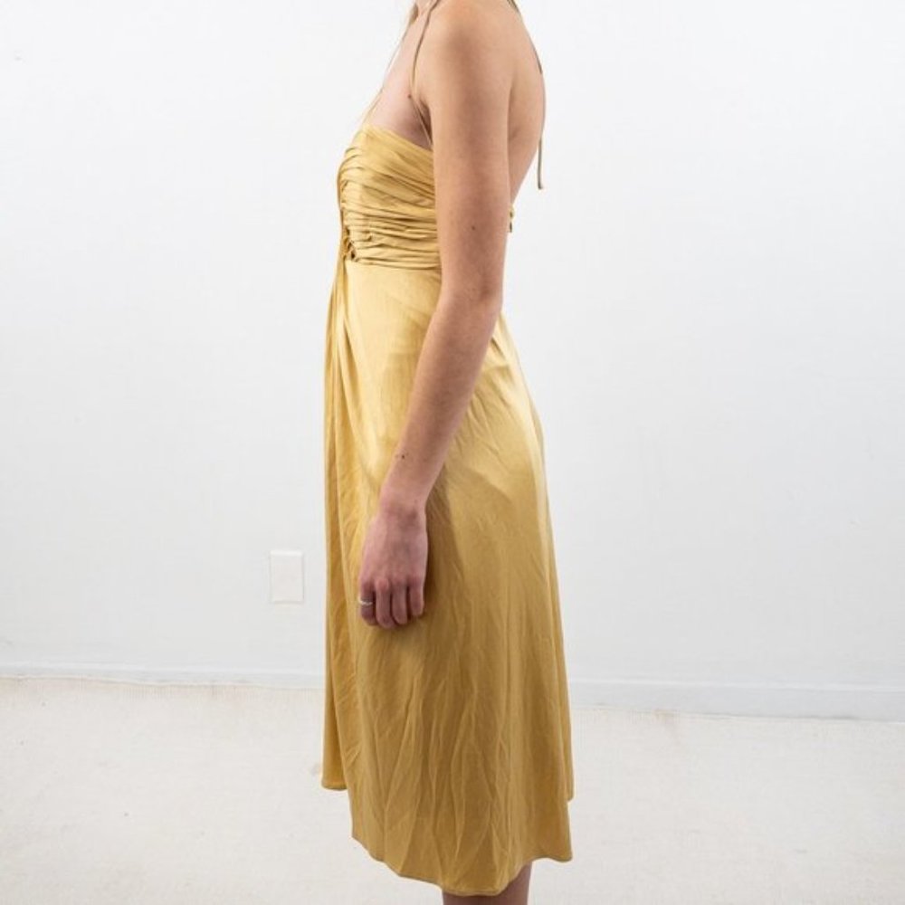 Anthro Y2K XS Silk Ruched Goddess Mini Dress Gold - Picture 5 of 8